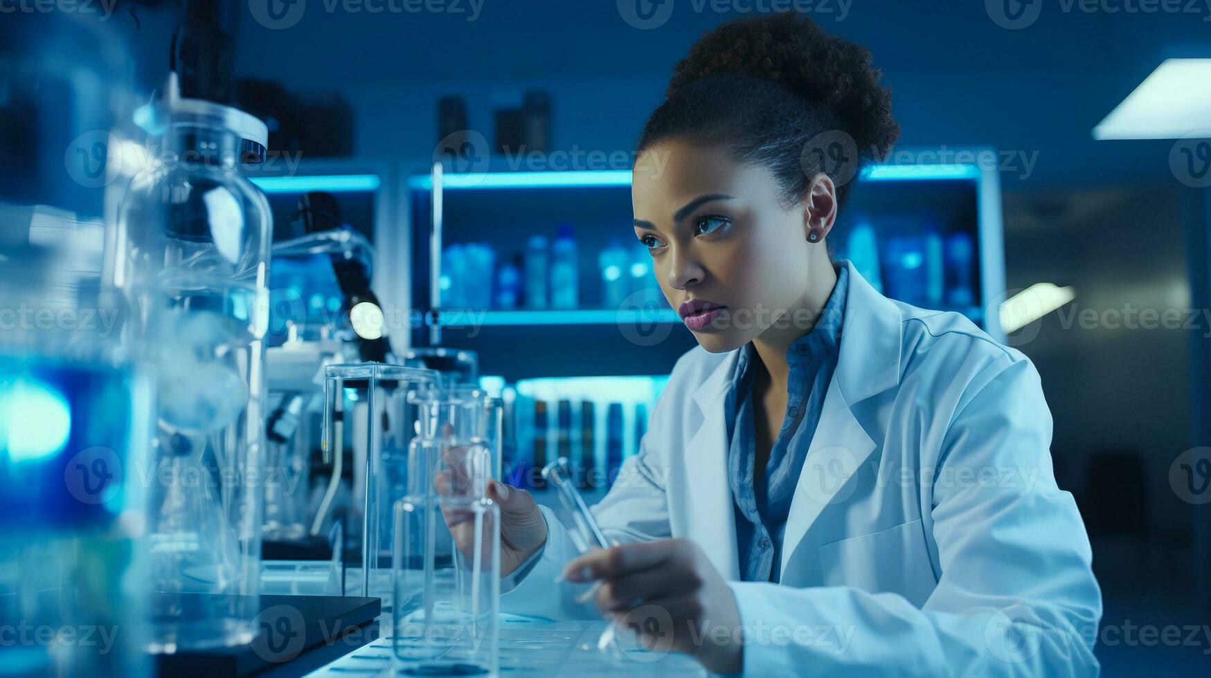 Black Female Scientist, Immersed in Her Laboratory, Conducts Cutting-Edge Research on a New Virus, Uses Advanced Scientific Instruments and Technology to Make Discovery of a New Vaccine photo