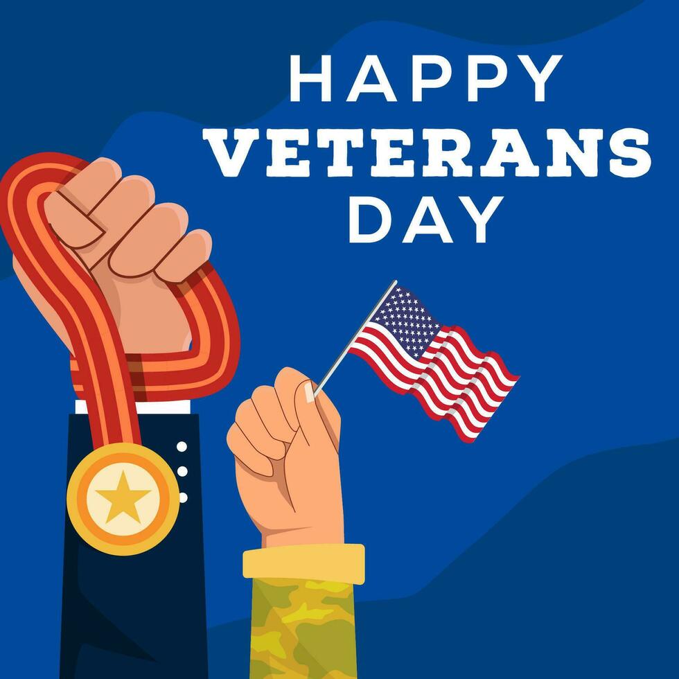 vector happy veterans day illustration with hands hold flag and medal