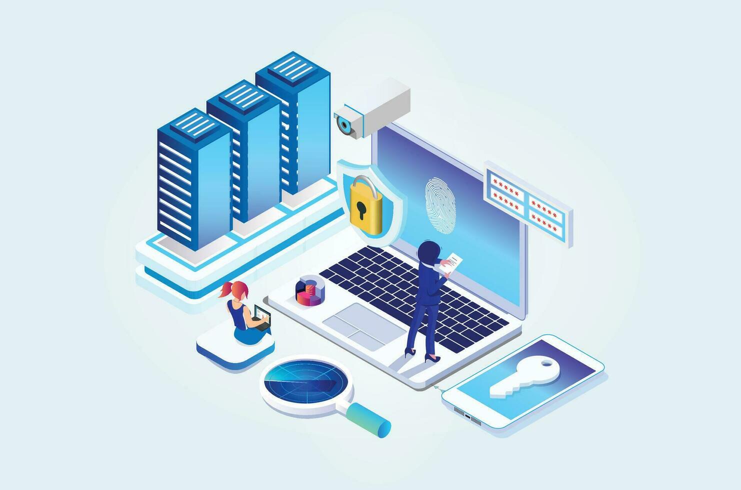 Modern Isometric Online administrator, web hosting concept. Technician repair software. Hardware protection share infographic. Store safe server. Suitable for Diagrams, Game Asset, And Other asset vector