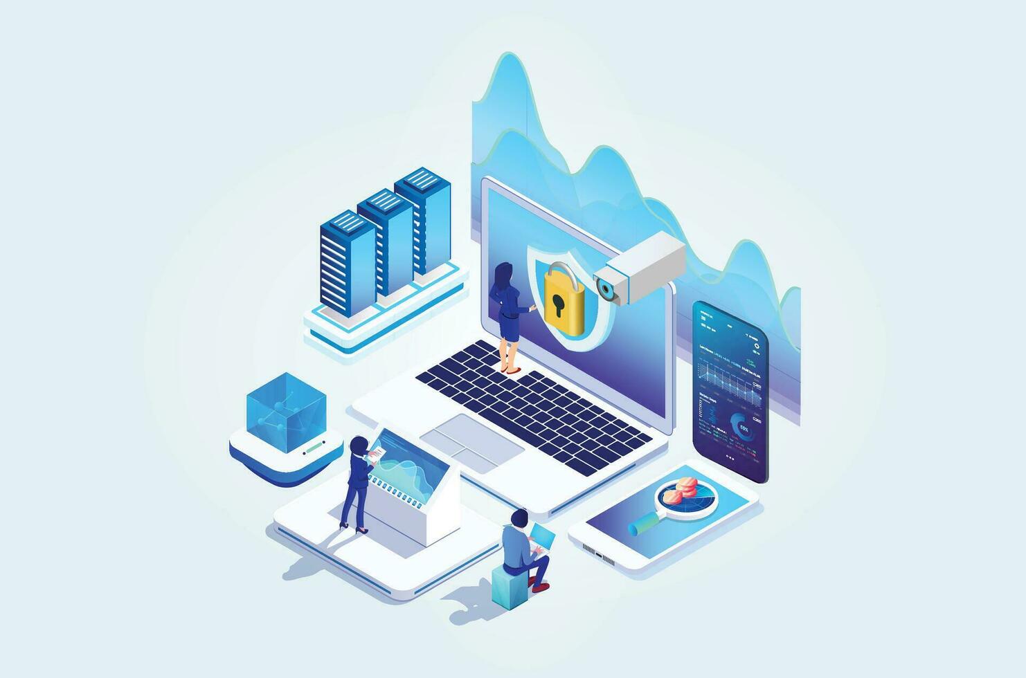 Modern Isometric Online administrator, web hosting concept. Technician repair software. Hardware protection share infographic. Store safe server. Suitable for Diagrams, Game Asset, And Other asset vector