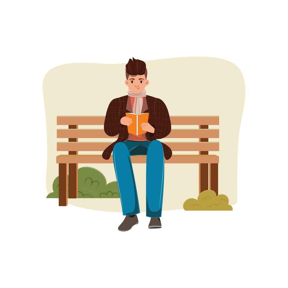 Young man sitting and  reading book on the the bench outdoor vector