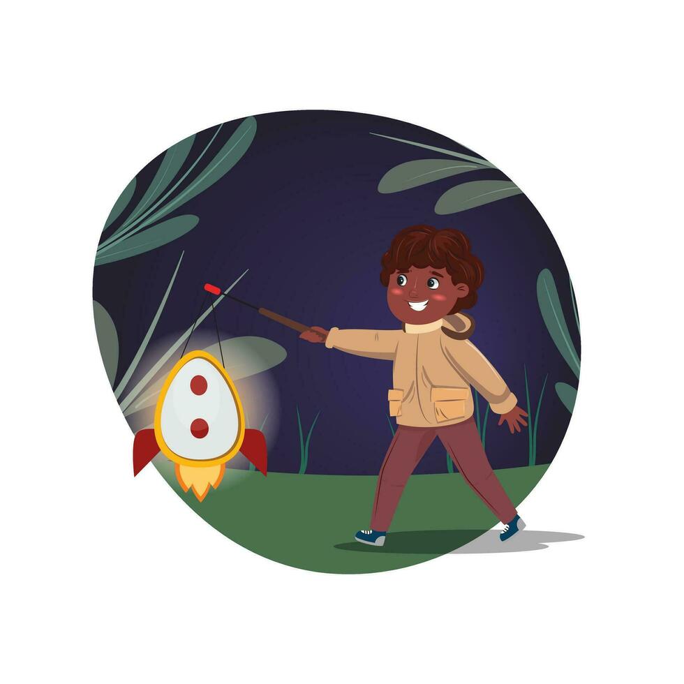 Black boy with a glowing rocket lantern walking at night for Saint Martin tour. Cultural festival vector