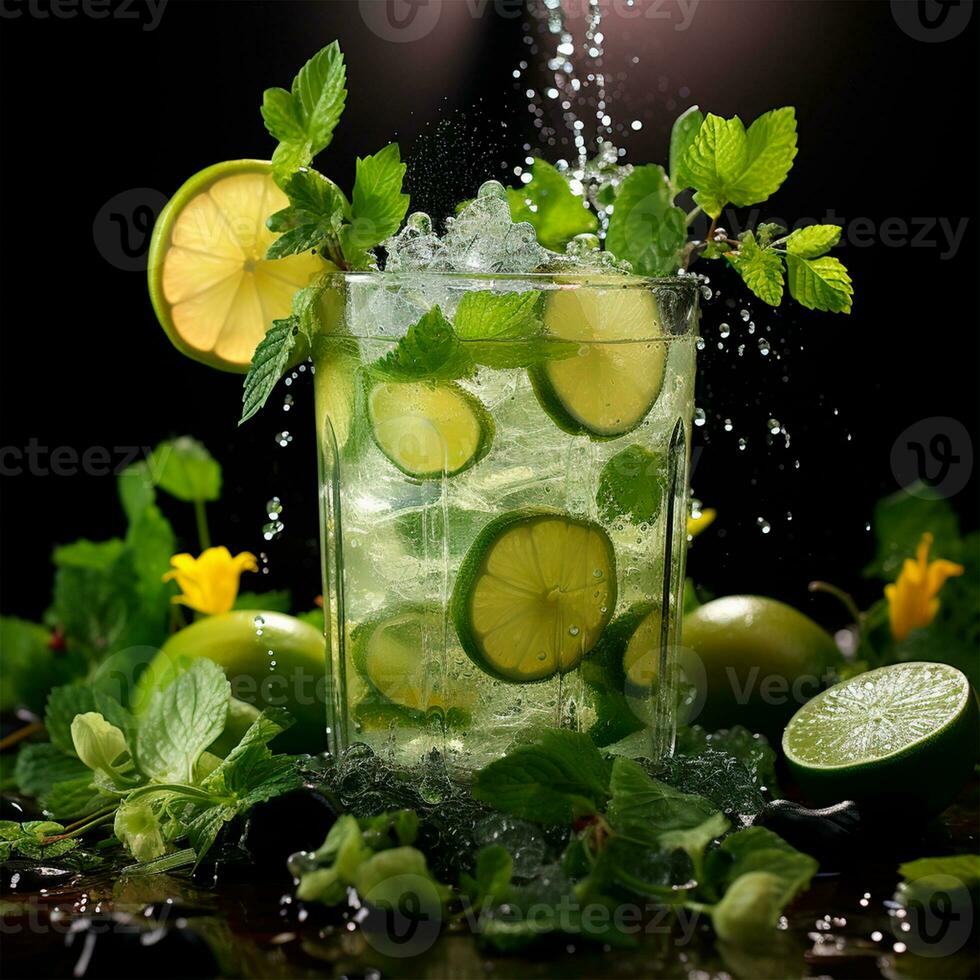 Mojito with fresh mint leaves and lime on crushed ice, on a black background - AI generated image photo