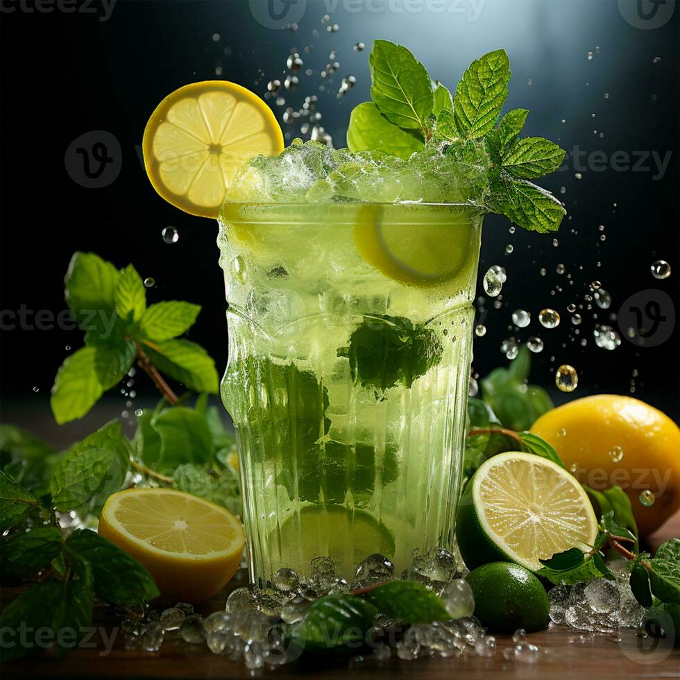 Mojito with fresh mint leaves and lime on crushed ice, on a black background - AI generated image photo