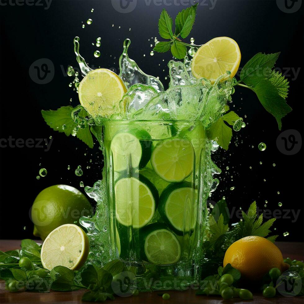 Mojito with fresh mint leaves and lime on crushed ice, on a black background - AI generated image photo