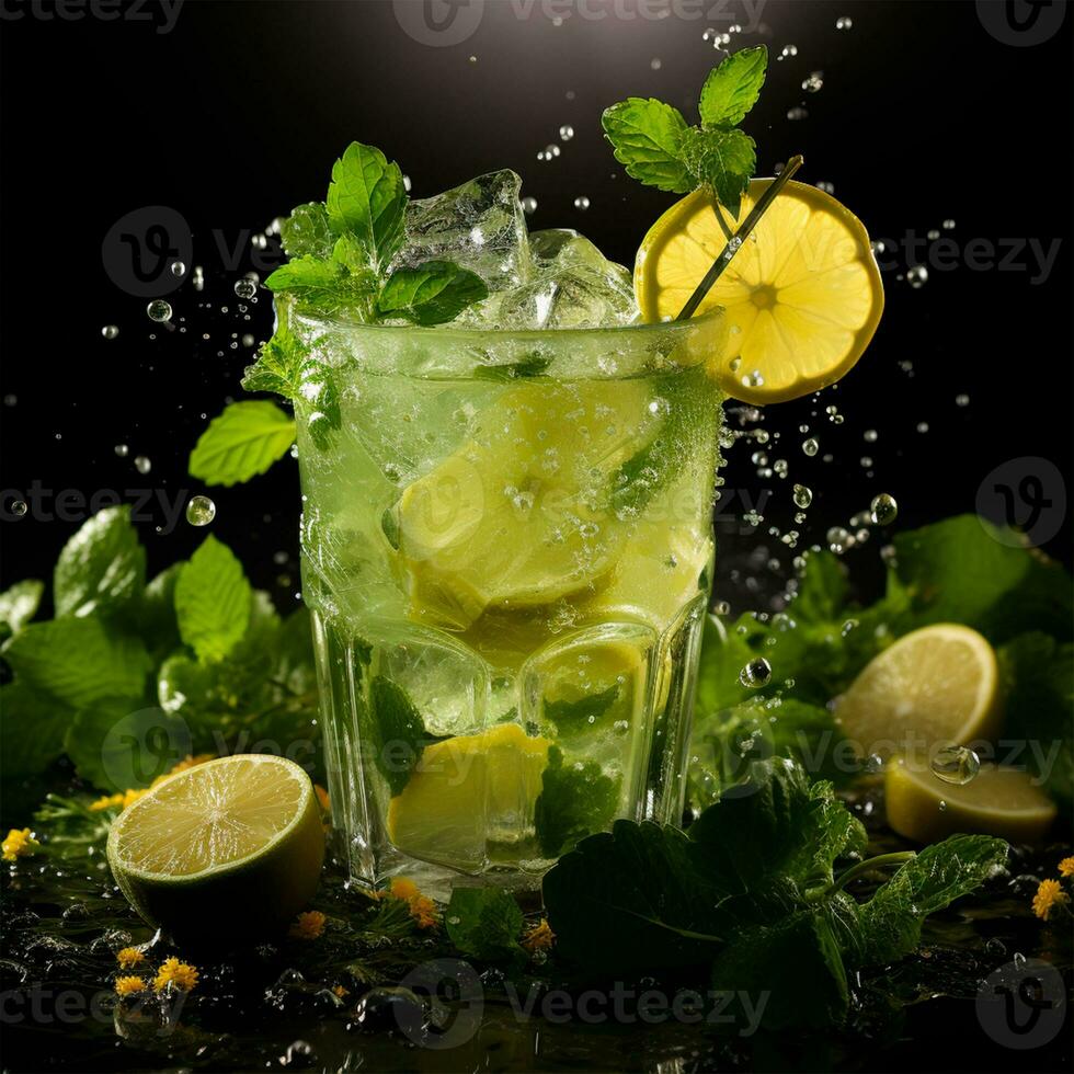 Mojito with fresh mint leaves and lime on crushed ice, on a black background - AI generated image photo