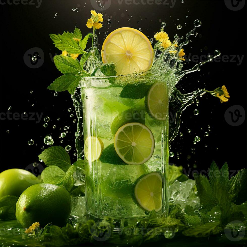 Mojito with fresh mint leaves and lime on crushed ice, on a black background - AI generated image photo