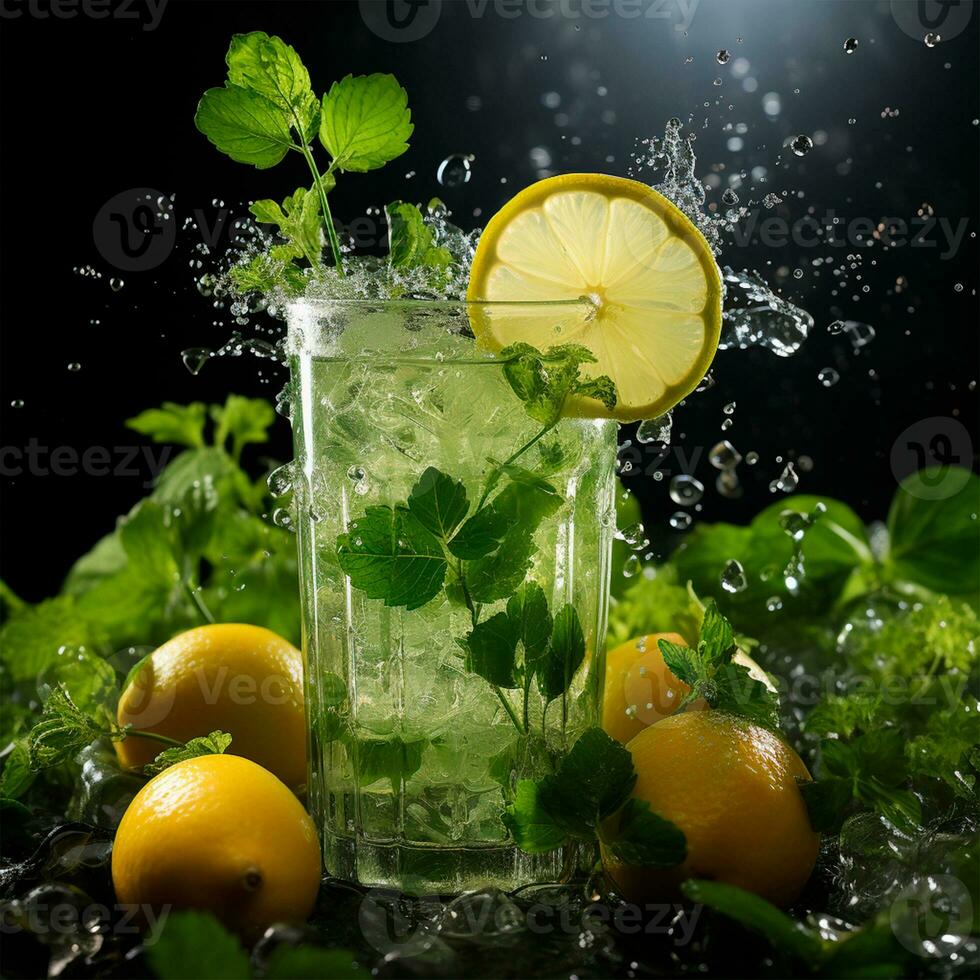 Mojito with fresh mint leaves and lime on crushed ice, on a black background - AI generated image photo