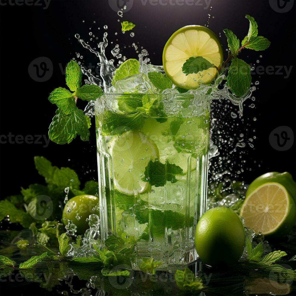 Mojito with fresh mint leaves and lime on crushed ice, on a black background - AI generated image photo