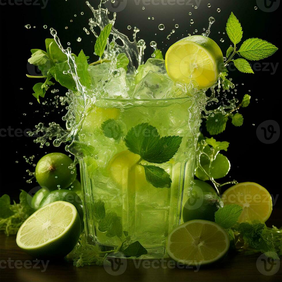 Mojito with fresh mint leaves and lime on crushed ice, on a black background - AI generated image photo