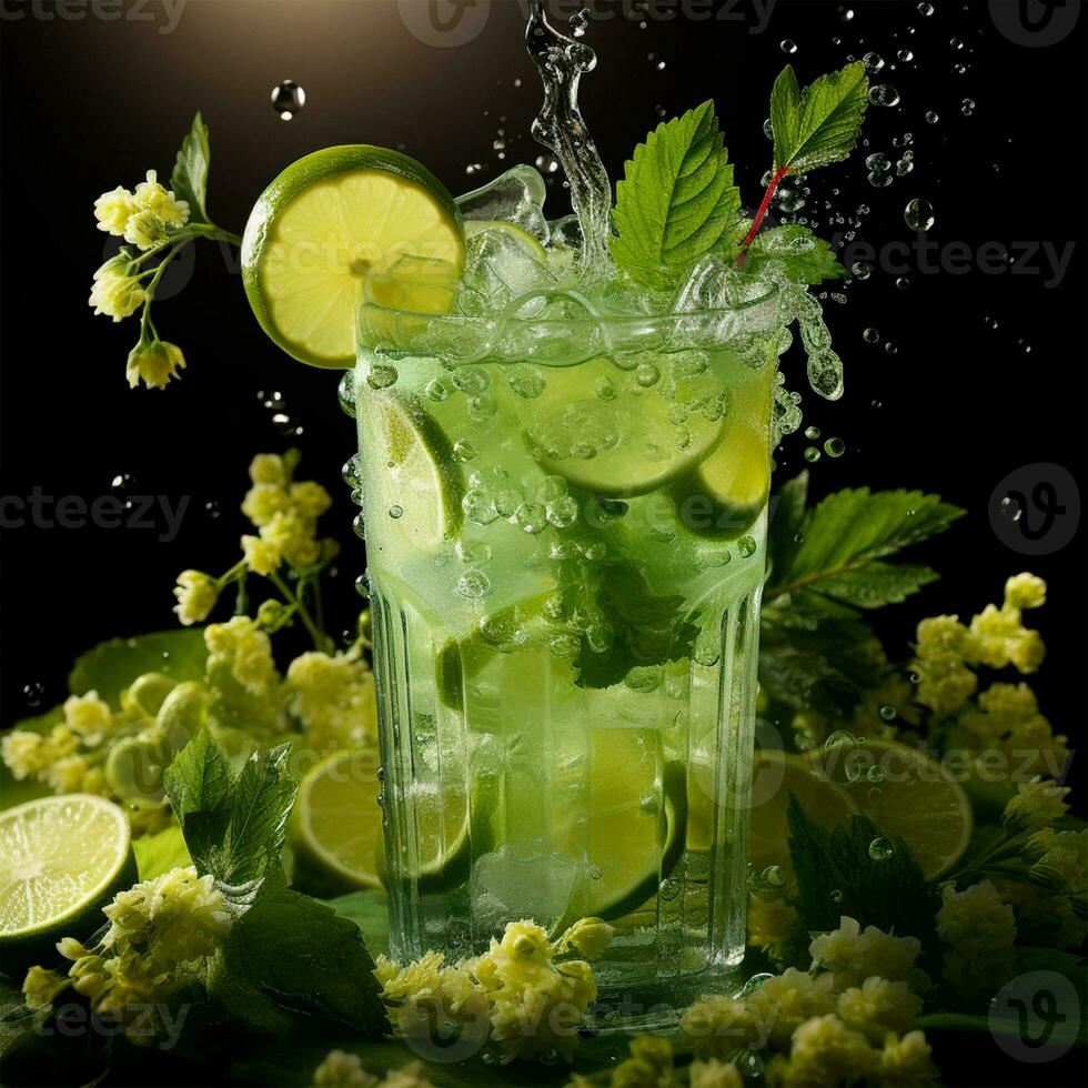 Mojito with fresh mint leaves and lime on crushed ice, on a black background - AI generated image photo