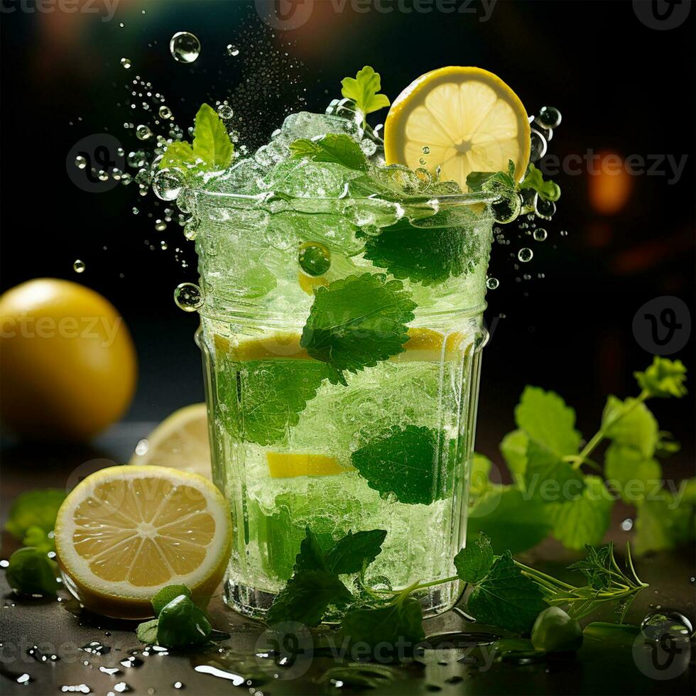 Mojito with fresh mint leaves and lime on crushed ice, on a black background - AI generated image photo