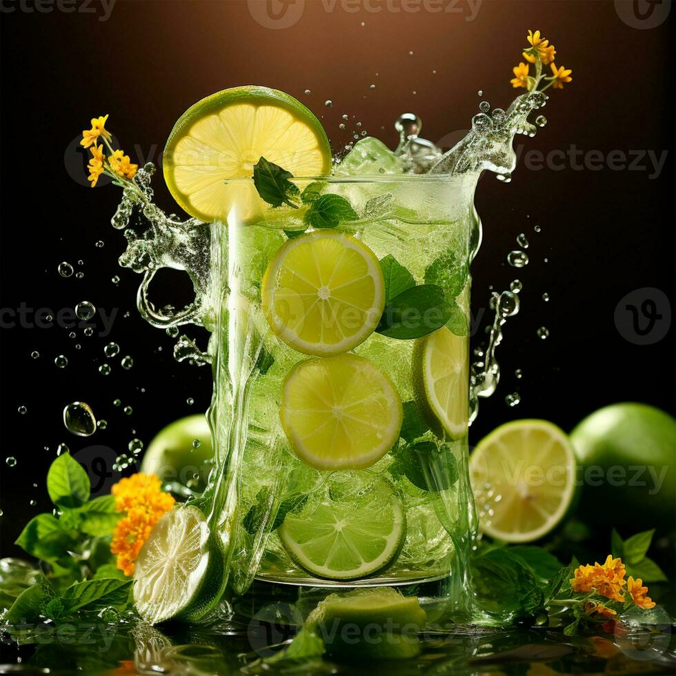 Mojito with fresh mint leaves and lime on crushed ice, on a black background - AI generated image photo