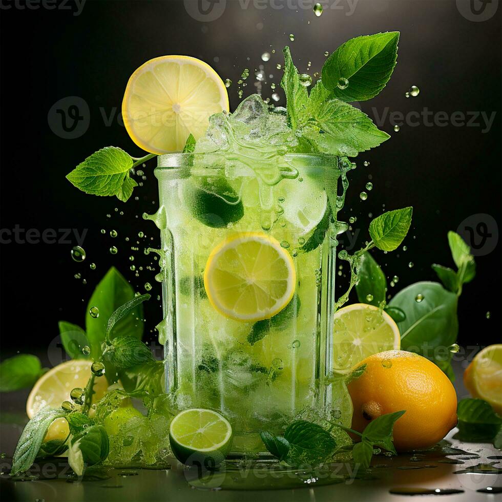 Mojito with fresh mint leaves and lime on crushed ice, on a black background - AI generated image photo