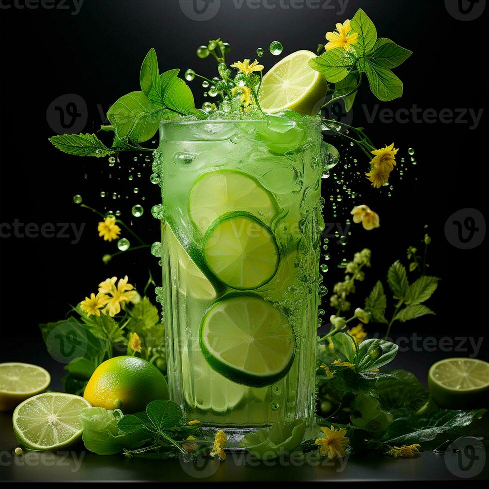 Mojito with fresh mint leaves and lime on crushed ice, on a black background - AI generated image photo