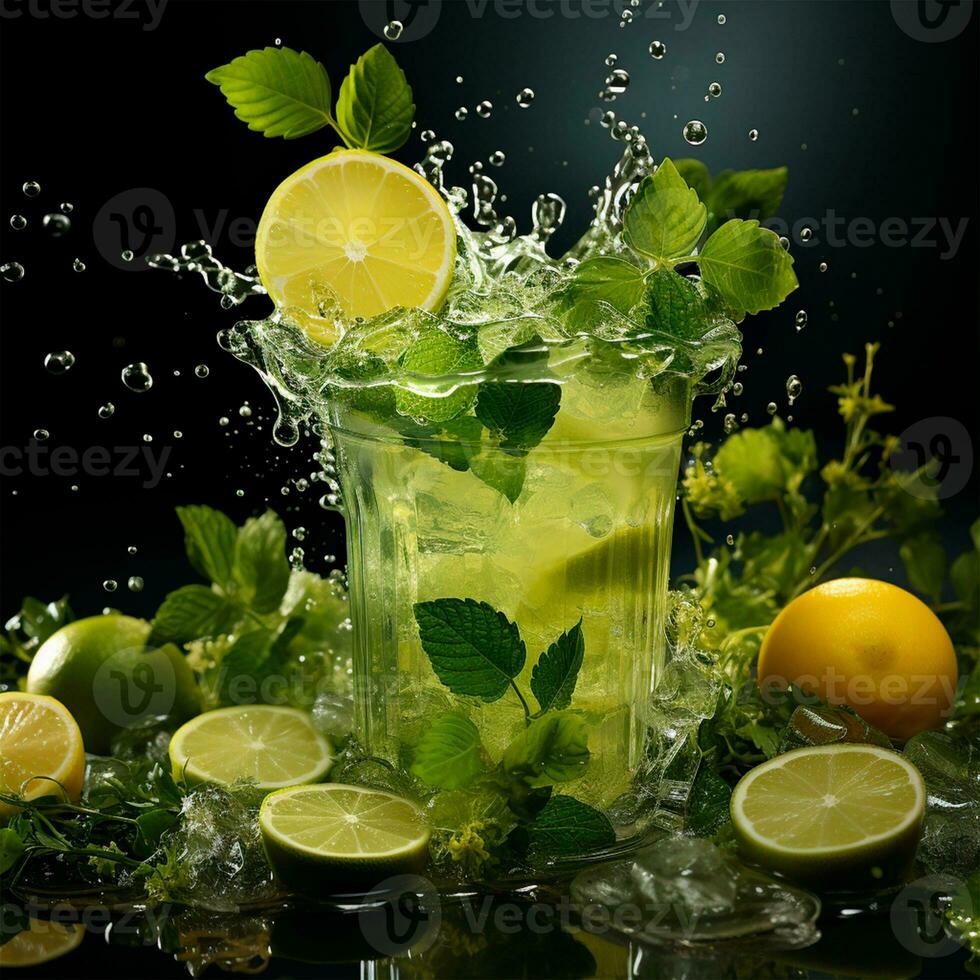 Mojito with fresh mint leaves and lime on crushed ice, on a black background - AI generated image photo