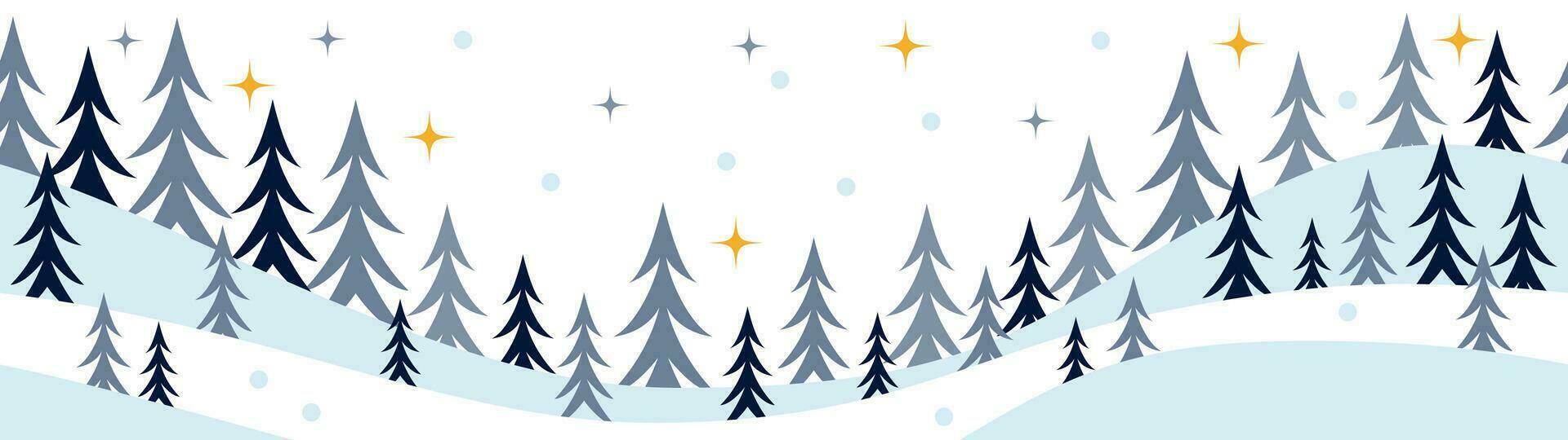 Vector winter, Christmas season landscape. Long background or banner with spruce, fir or noel tree, stars and snow