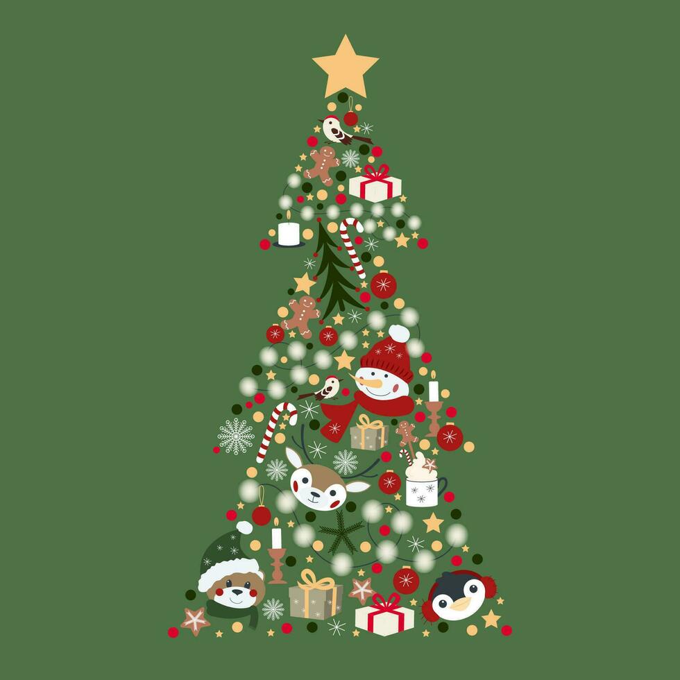 vector Navidad Navidad árbol con linda ciervo, pingüino, monigote de nieve y oso, decoraciones, luces, estrellas. ilustración para saludo tarjeta, póster, bandera, invitaciones