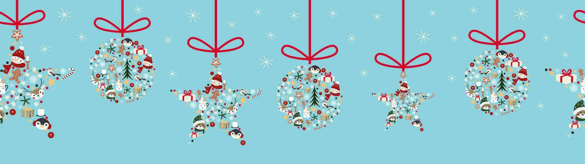 Vector winter, Christmas season seamless long background or banner with new year decorations.