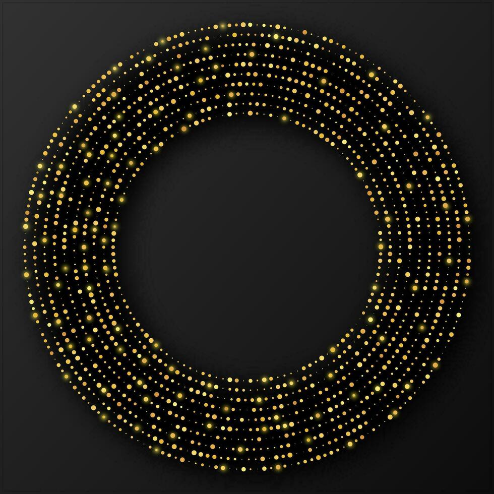 Abstract gold glowing halftone dotted background. Gold glitter pattern in circle form. Circle halftone dots. Vector illustration