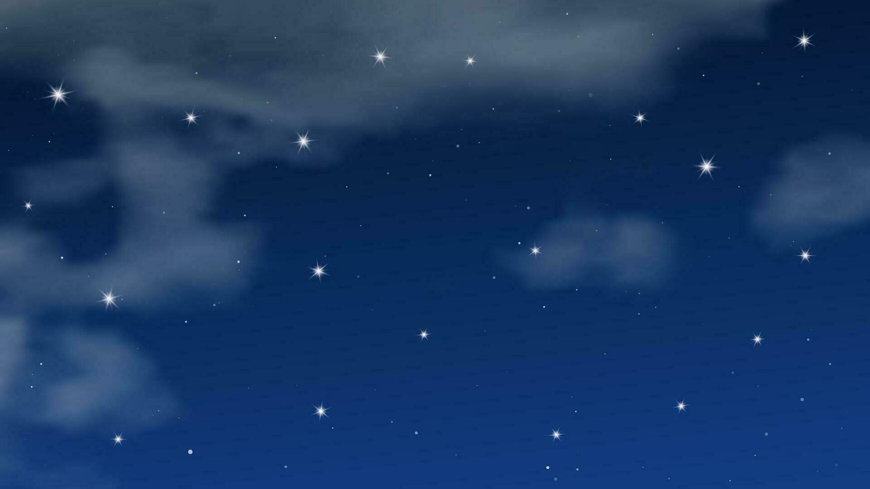 Night sky with clouds and many stars. Abstract nature background with stardust in deep universe. Vector illustration.