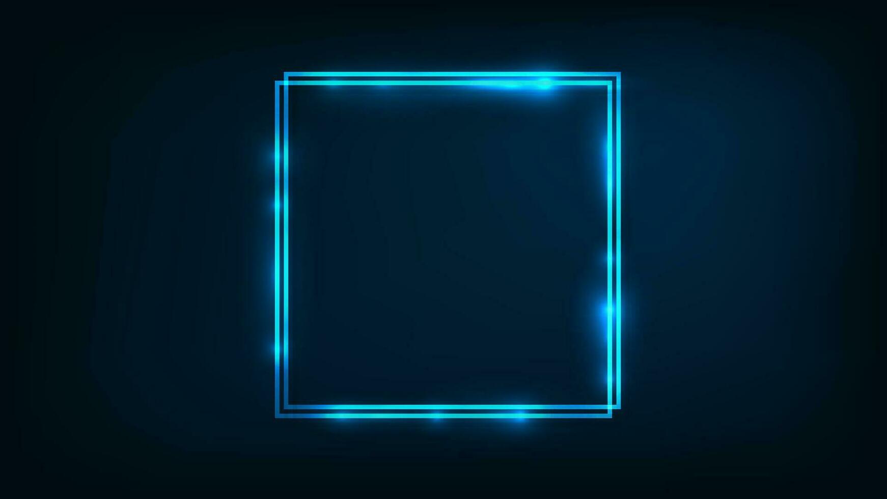 Neon double square frame with shining effects on dark background. Empty glowing techno backdrop. Vector illustration.