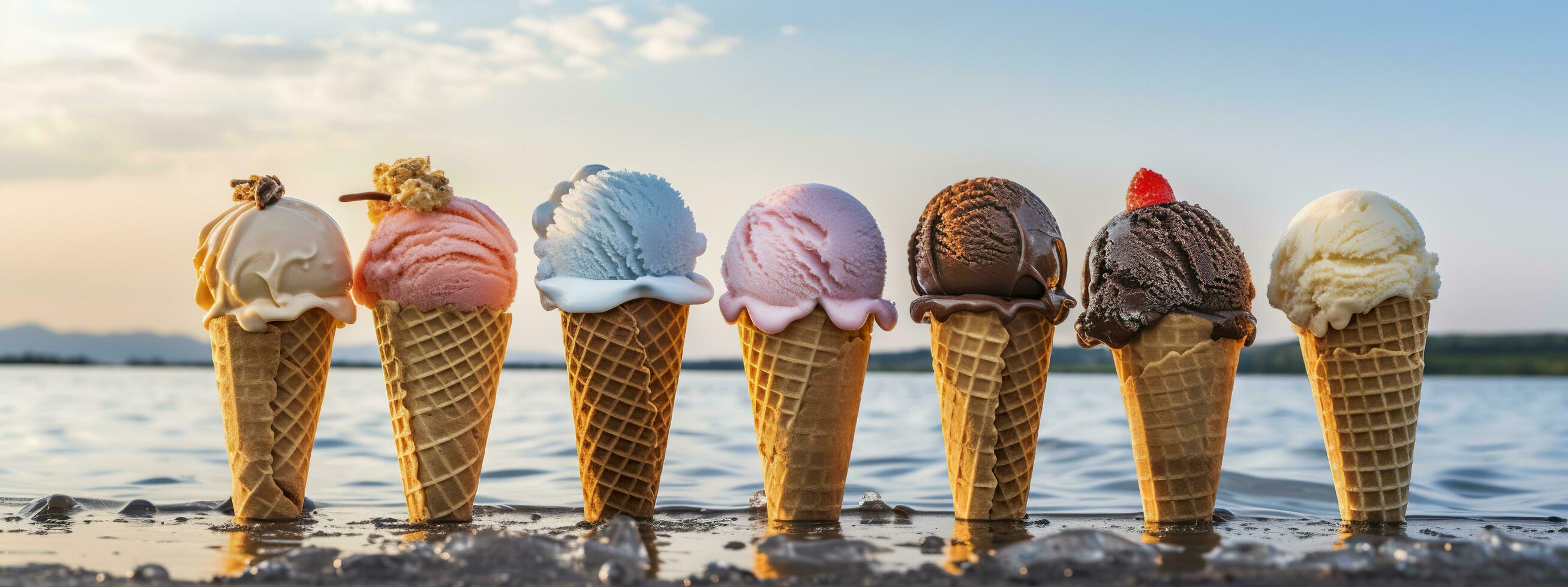 bandera con hielo crema en un gofre cono en un verano día. generativo ai foto