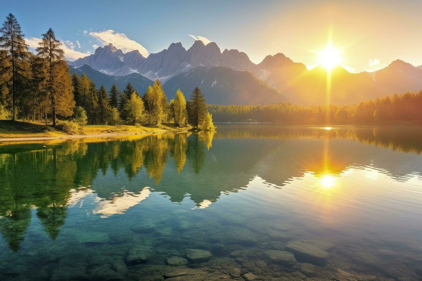 Impressive summer sunrise on Eibsee Lake with Zugspitze mountain range. AI Generated photo