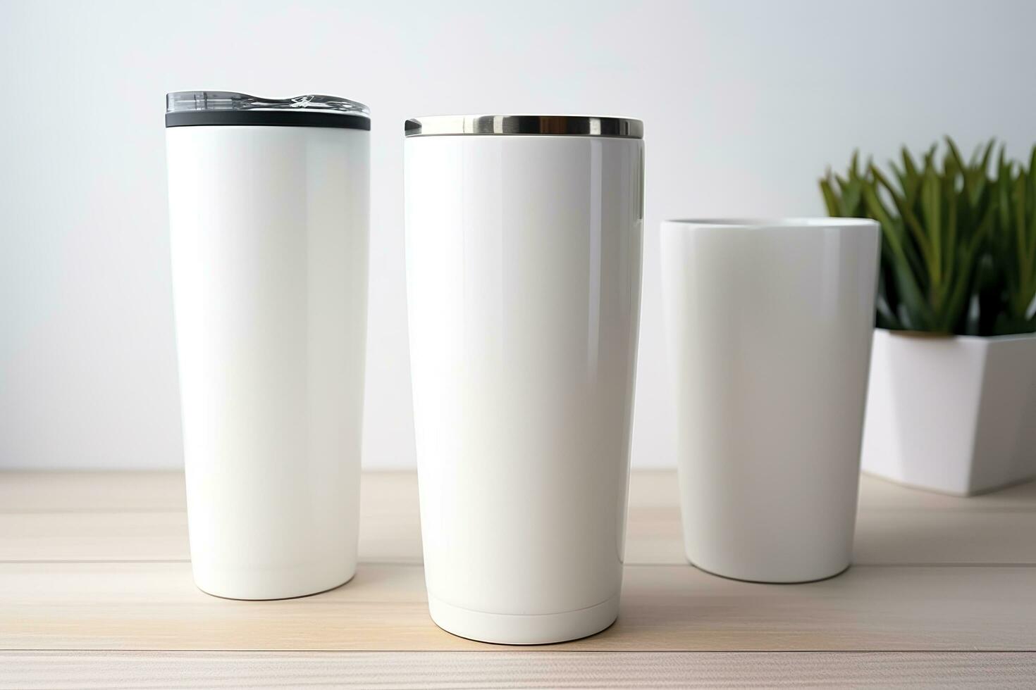 White stainless steel sublimation blank tumblers with straw, product shot. Generative AI photo
