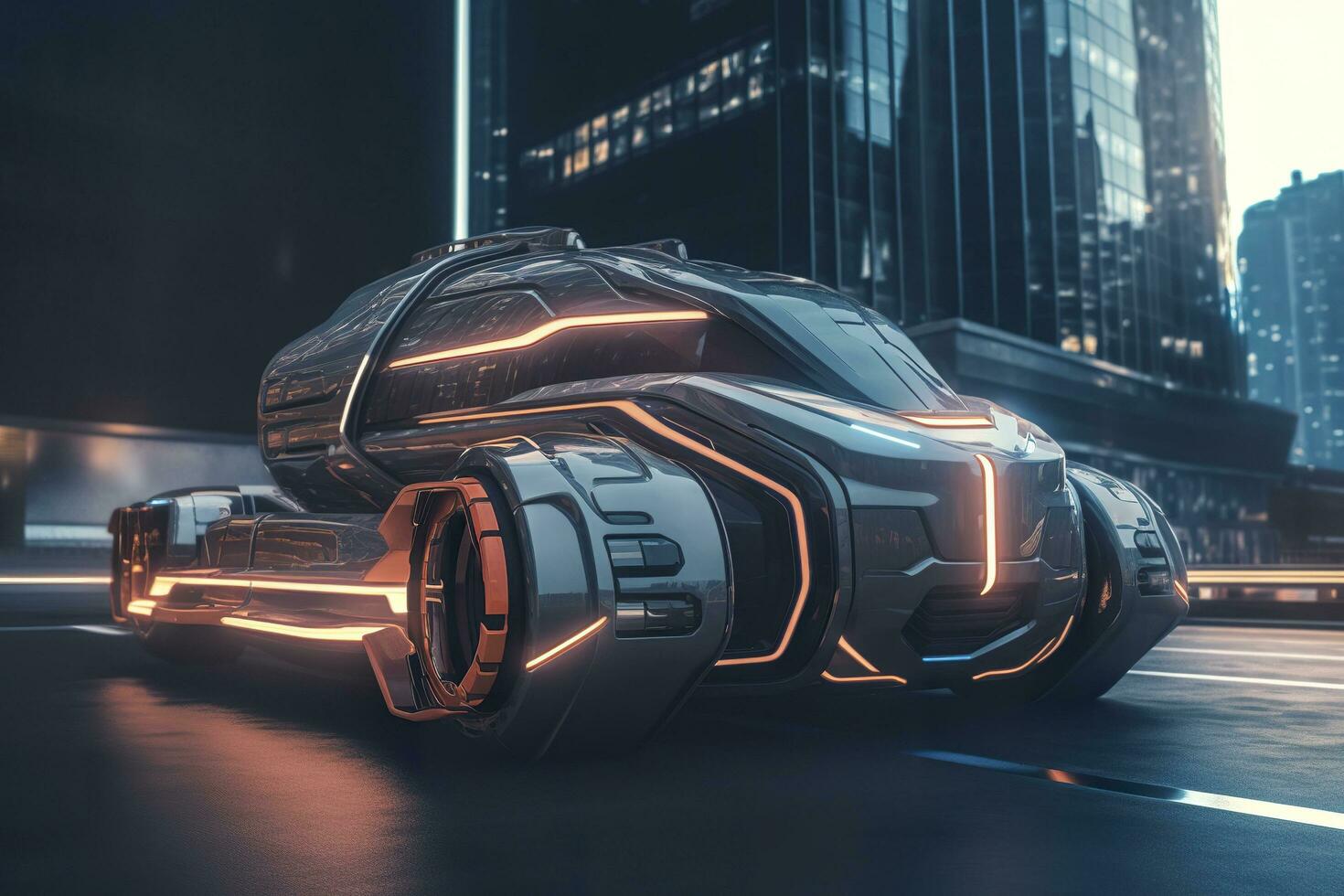 23rd Century Futuristic Truck with Hyper Modern Drive, Wide Angle Lens, and Futuristic Skyscraper in the Background. AI Generative photo