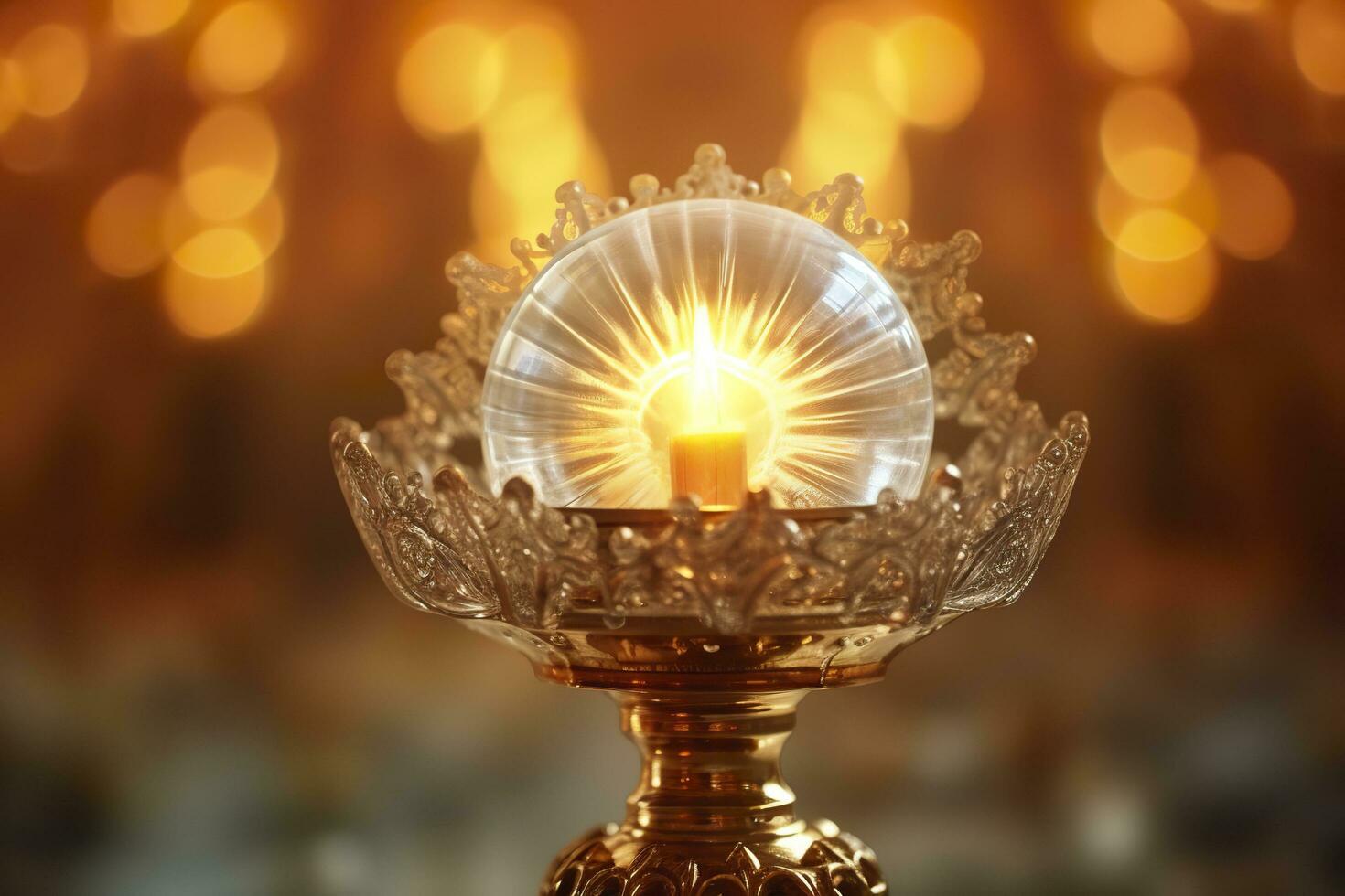 The golden monstrance with a little transparent crystal center, consecrated host. church defocused background. AI Generative photo