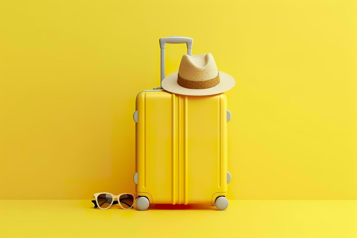 Yellow suitcase with sun glasses and hat on yellow background. travel concept. Generative AI photo