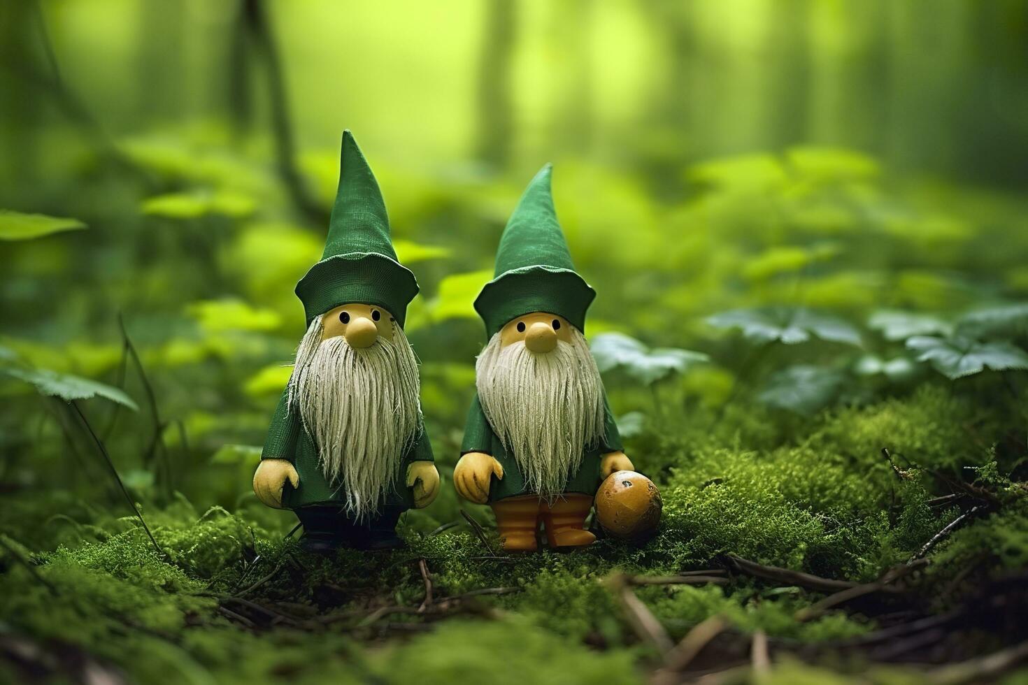 Toy Irish gnomes in a mystery forest, abstract green natural background. Generative AI photo