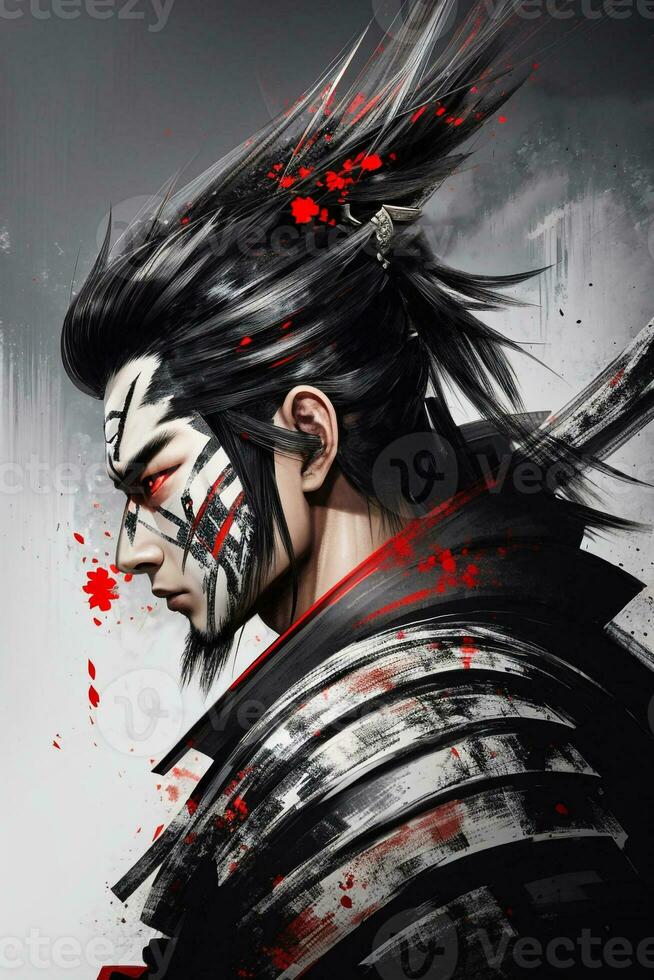 Japanese samurai warrior character design. Medieval soldier with sword. Japan culture and history. Asian traditional knight painting and drawing. photo