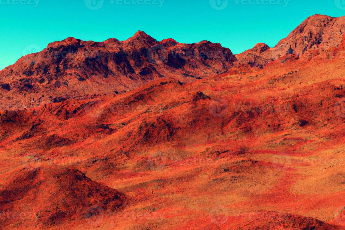 Fictional Mars landscape and terrain. Planet scenery. Sci-fi. Science-fiction. Graphic design and art. Wallpaper and background. photo