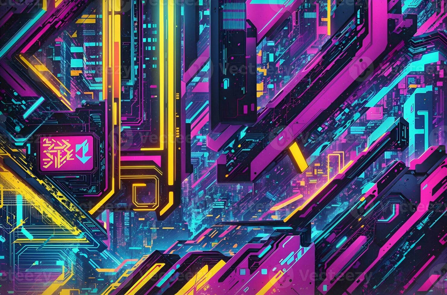 Abstract colorful illustration. Cyberpunk style. Background and wallpaper. Vibrant colors. Backdrop and banner. Graphic design and art. photo