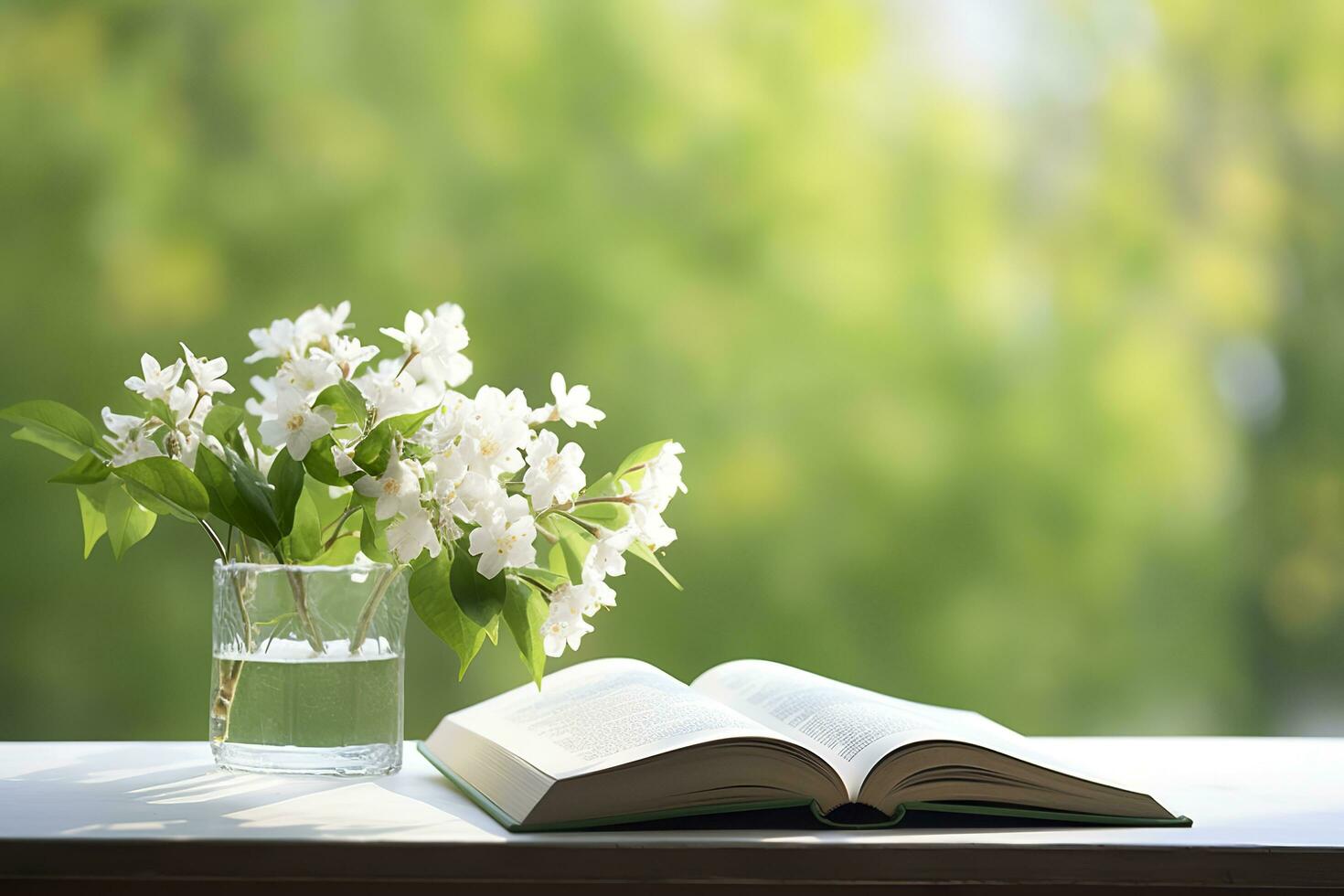 Jasmine flowers in a vase and open book on the table, green natural background. AI Generated photo