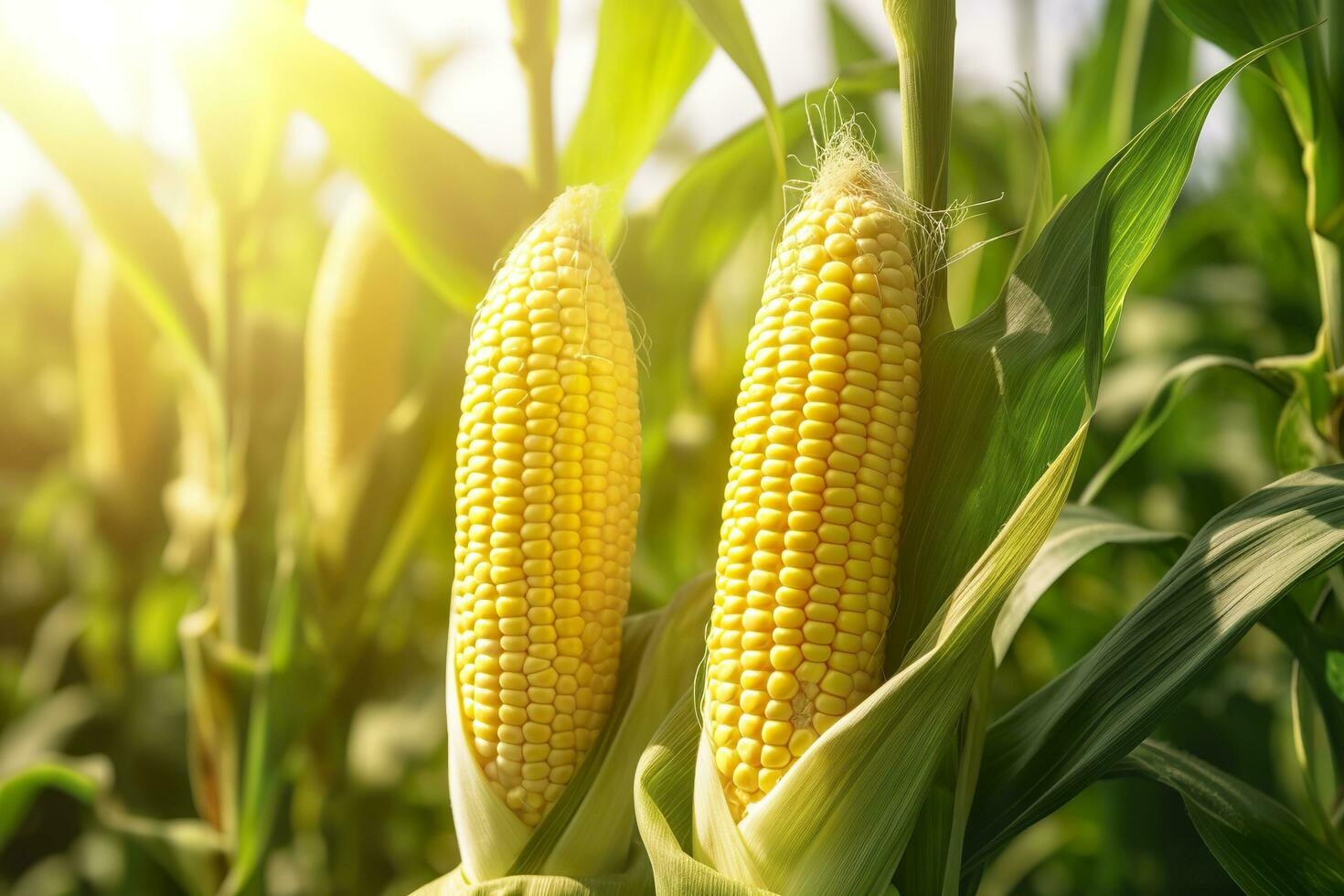 Closeup corn cobs in corn plantation field. Generative AI photo