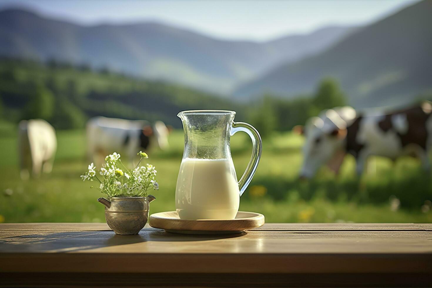 Glass pitcher with fresh milk on a wooden table. AI Generated photo