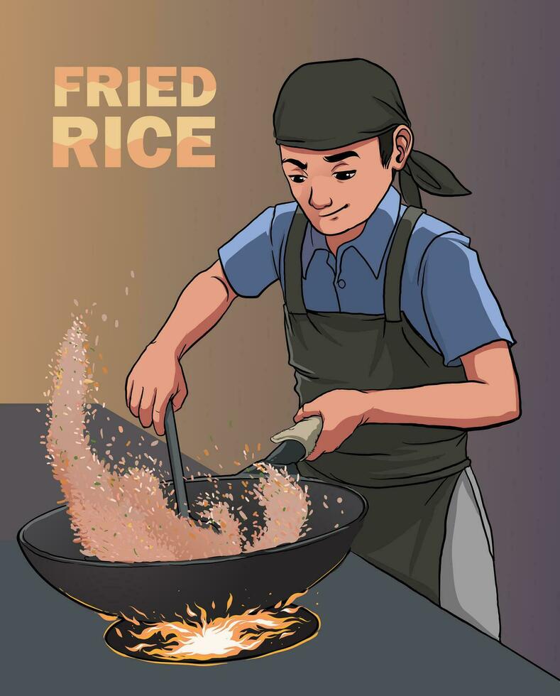 ilustración de asiático cocinero preparando frito arroz vector