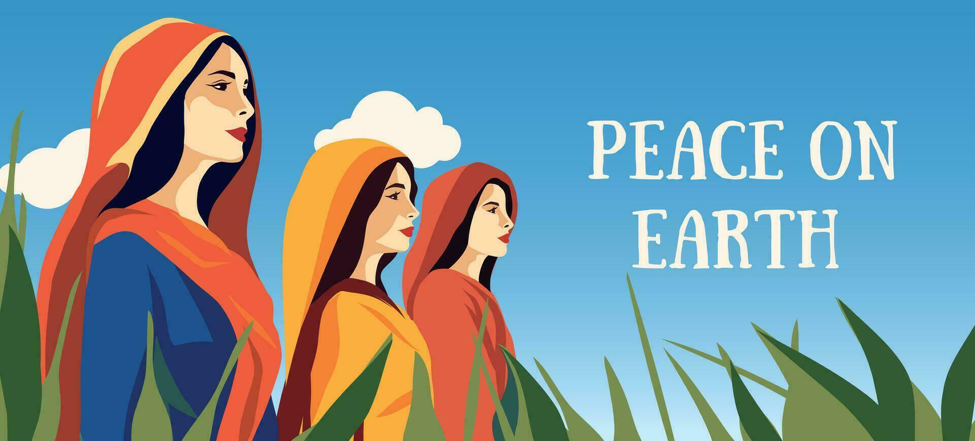 Vector banner place for woman mother text. Israel stand together in a field against a background of blue sky and dove. World peace, strong people. Vector concept for freedom independence without war