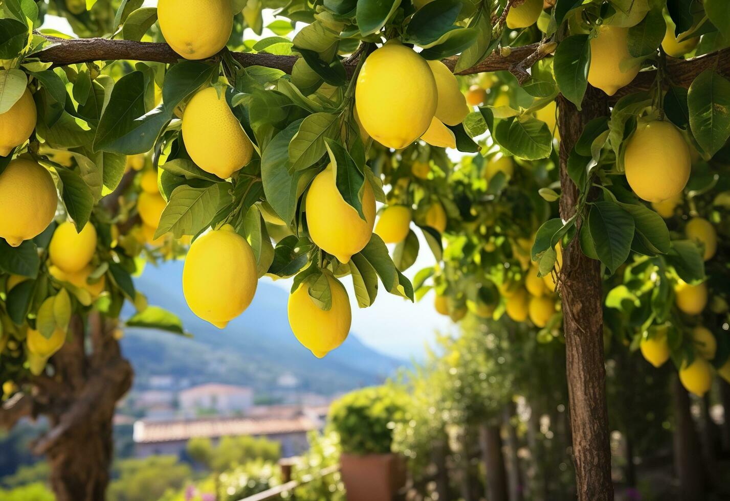 Lemons growing in a sunny garden on Amalfi coast in Italy. AI Generated photo