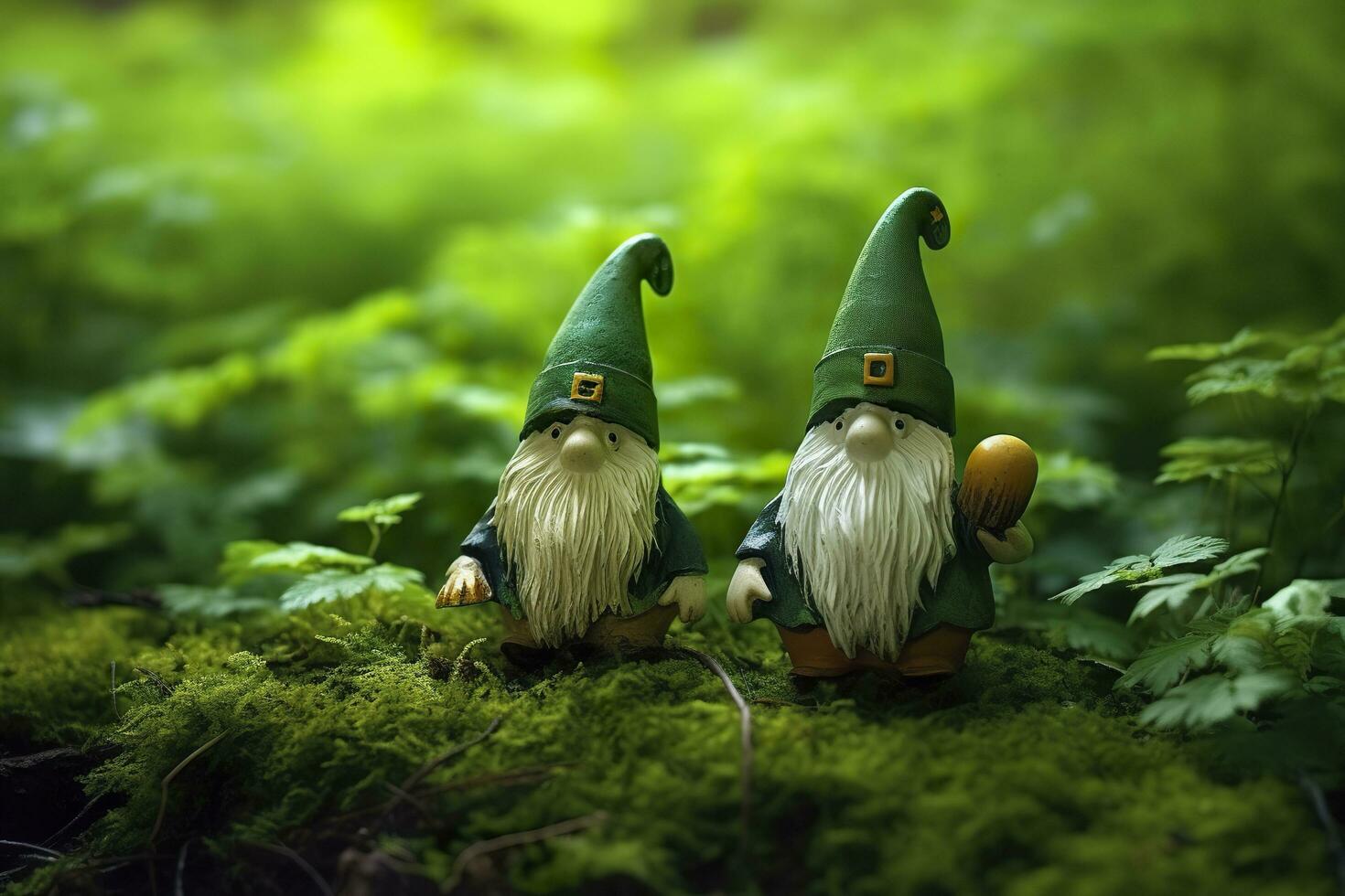 Toy Irish gnomes in a mystery forest, abstract green natural background. Generative AI photo