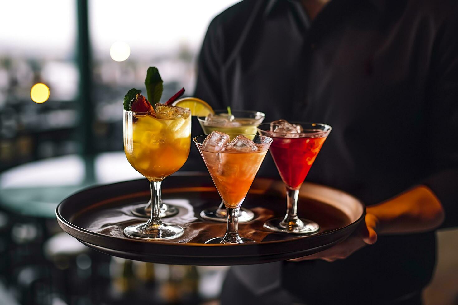 Glasses alcohol cocktail set on a waiter tray in bar. AI Generated photo