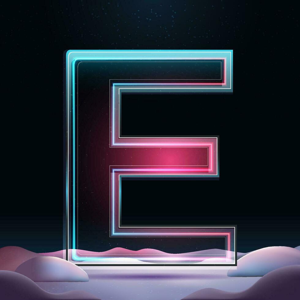 3D letter E with neon light insight.  Glass letter with sparkles and winter background. Holiday decoration. Element for design poster, advertisign or game vector