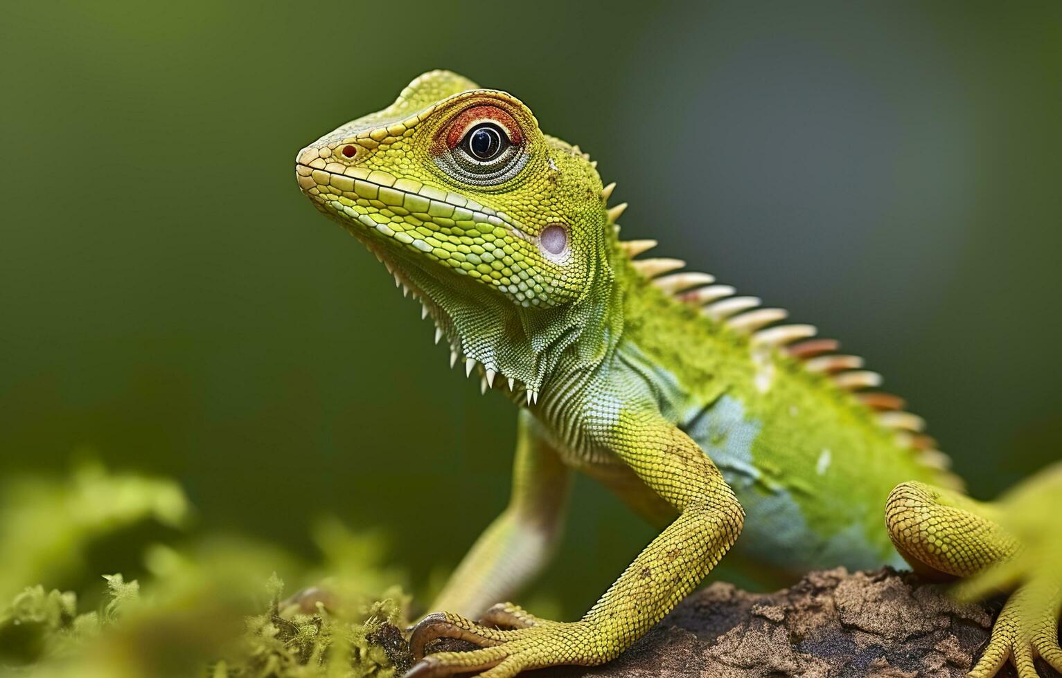 Bronchocela cristatella, also known as the green crested lizard. Generative AI photo