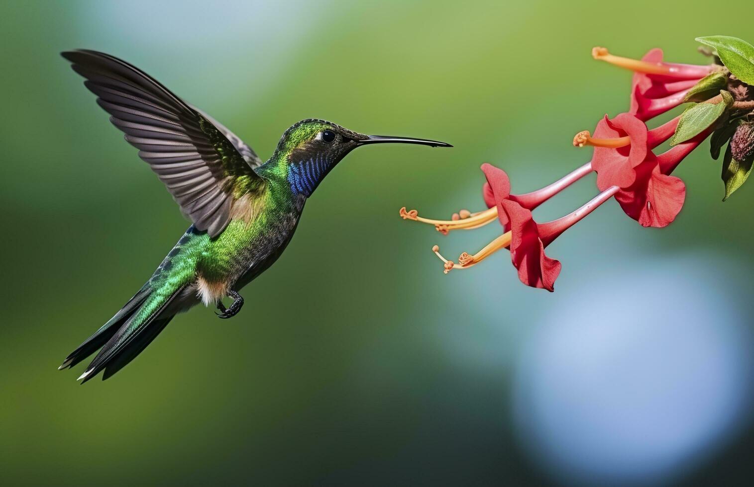 Hummingbird bird flying next to a beautiful red flower with rain. AI Generated photo