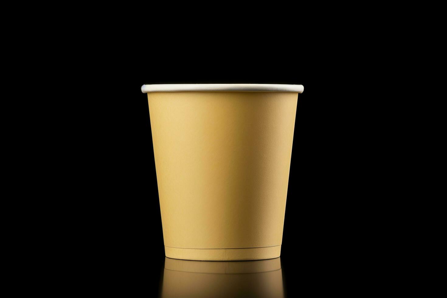 Side view yellow empty disposable paper fast food cup isolated on black background. Generative AI photo