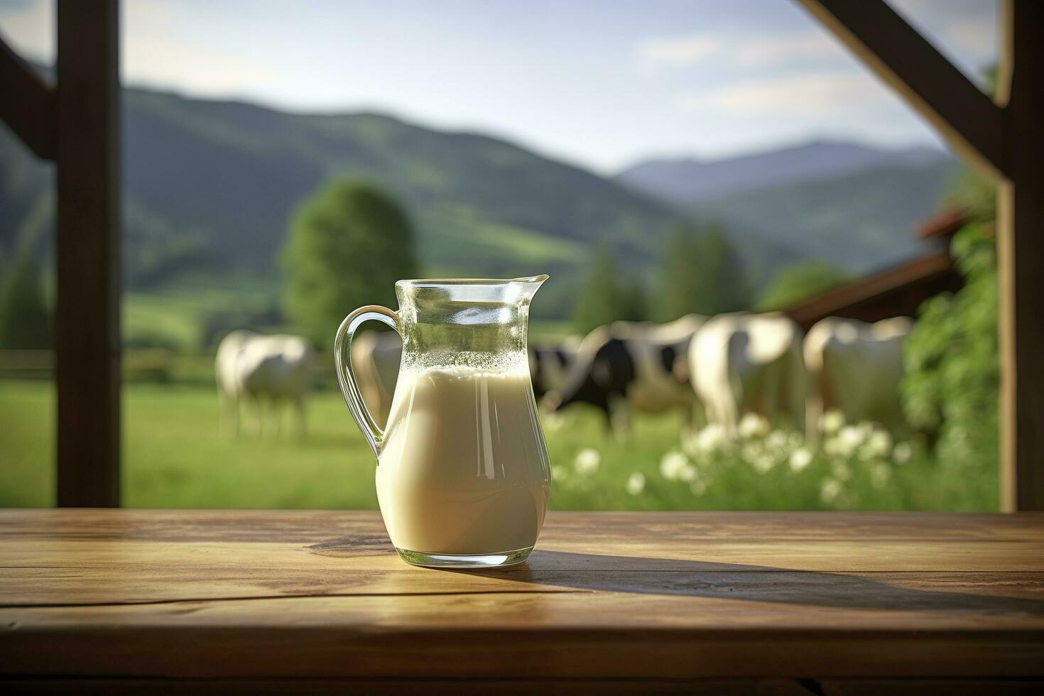Glass pitcher with fresh milk on a wooden table. AI Generated photo