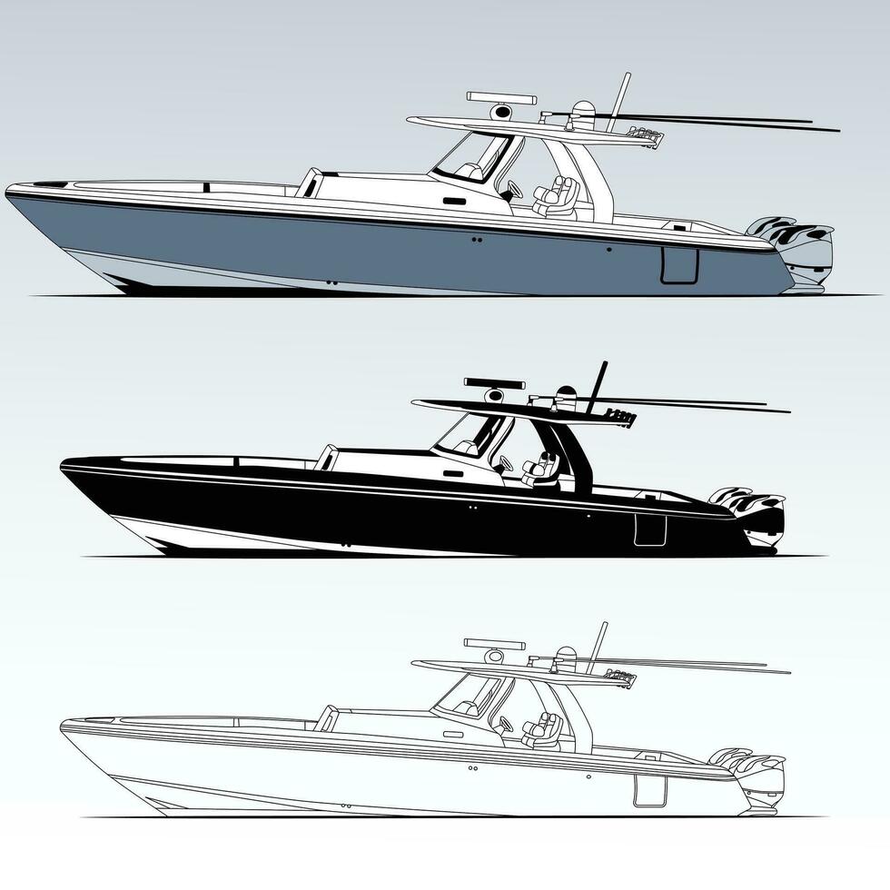 Side view fishing boat vector line art illustration and one color